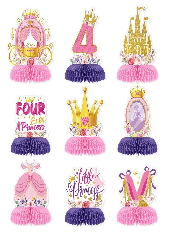 Grencian 9 Pcs Princess 4th Birthday Party Decorations Four Ever a Princess Honeycomb Centerpieces Table Toppers for Girls Princess Theme 4 Years Old Birthday Party Supplies Table Decoration - Image 1