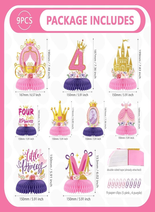 Grencian 9 Pcs Princess 4th Birthday Party Decorations Four Ever a Princess Honeycomb Centerpieces Table Toppers for Girls Princess Theme 4 Years Old Birthday Party Supplies Table Decoration - Image 2