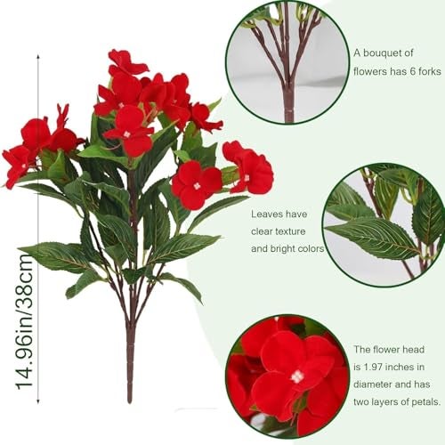Fox & Fern Artificial Silk Impatiens Flower Bouquet | UV Resistant Plant for Home, Office, Wedding Decor GAAFIM-38R (Pack of 1) (Red) - Image 2