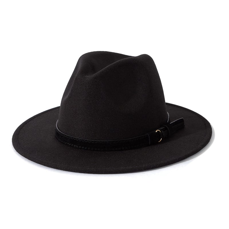 Lisianthus Men & Women Vintage Wide Brim Fedora Hat with Belt Buckle (B-Black, M; Hat Circumference: 56-58cm (for Women)) - Image 1