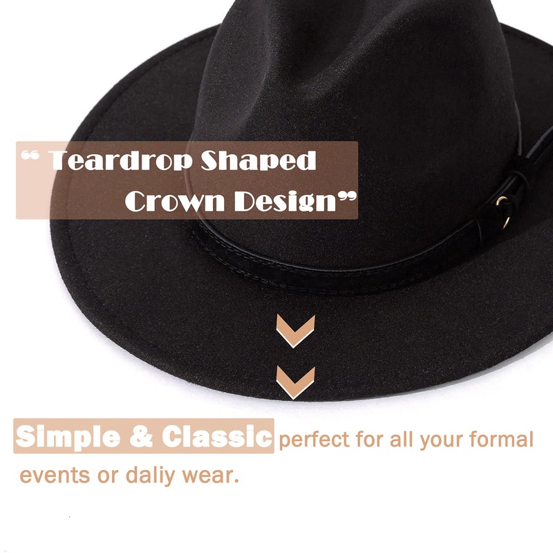 Lisianthus Men & Women Vintage Wide Brim Fedora Hat with Belt Buckle (B-Black, M; Hat Circumference: 56-58cm (for Women)) - Image 2