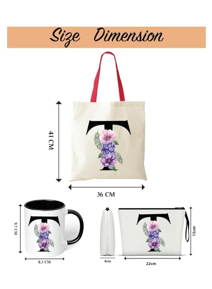 PRINTSHOP4ME Initial Letters Canvas Cotton Tote Bag With Red Handle and Cosmetic pouch for girls - Mug gifts - Pack of 3 Combo set -Giftset for wedding - Gifts for girls - Gift for friends - Image 3