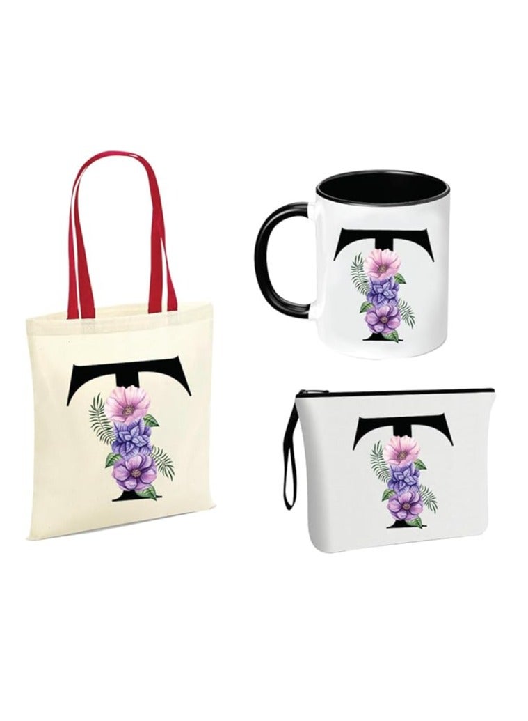 PRINTSHOP4ME Initial Letters Canvas Cotton Tote Bag With Red Handle and Cosmetic pouch for girls - Mug gifts - Pack of 3 Combo set -Giftset for wedding - Gifts for girls - Gift for friends - Image 1