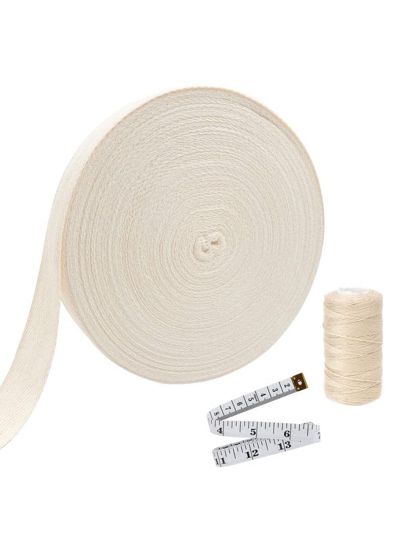 Ancoo Ancoo 55 Yard 1 Inch Cotton Twill Tape Ribbon Soft Natural Twill Tape Double Herringbone Webbing Tape with 1000 YDS Thread and 1 Soft Measure Tape Sewing Twill Ribbon for DIY Crafts OffWhite 