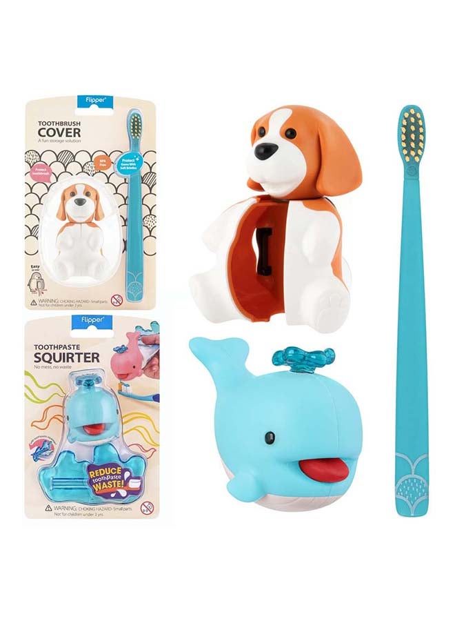 Flipper Pack of 3 Toothbrush Cover And Toothbrush, Toothpaste Suirter - Image 1