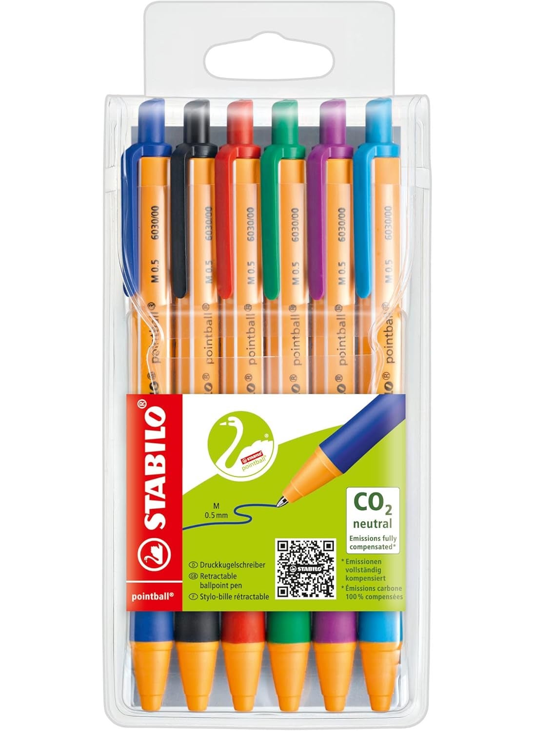 STABILO STABILO Ballpoint Pen pointball  Pack of 6  Red Blue Black Green Turquoise Lilac Retractable Medium Point  - Image 1