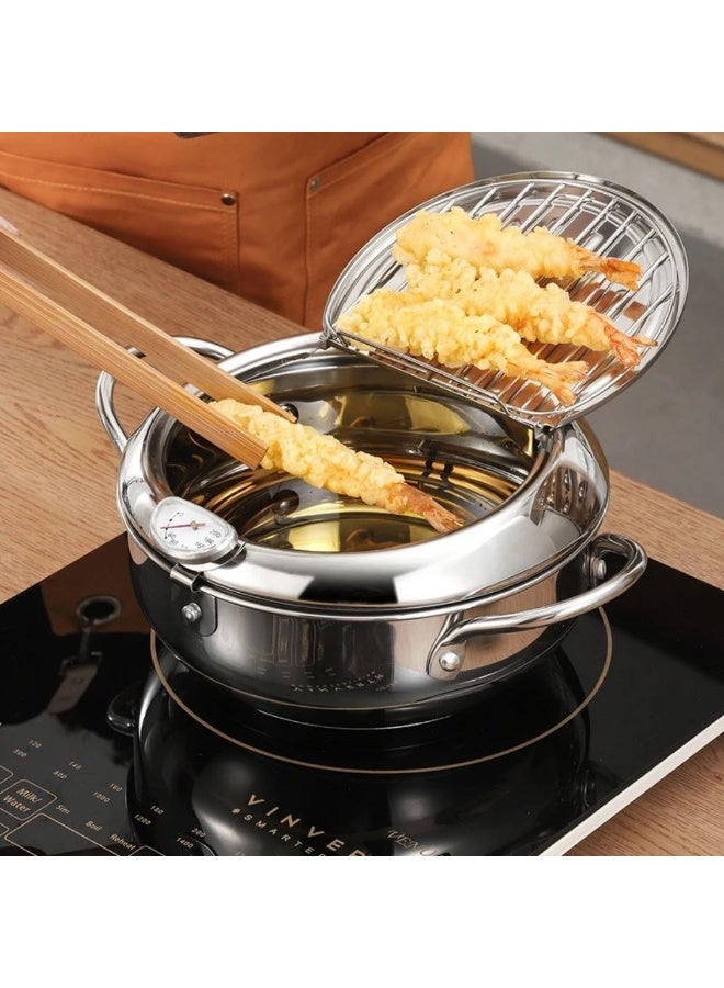 304 Stainless Steel Deep Fryer, Japanese Deep Fryer with Lid and Oil Drain Rack for French Fries, Chicken Wings, Shrimp, 2.2 L - Image 1