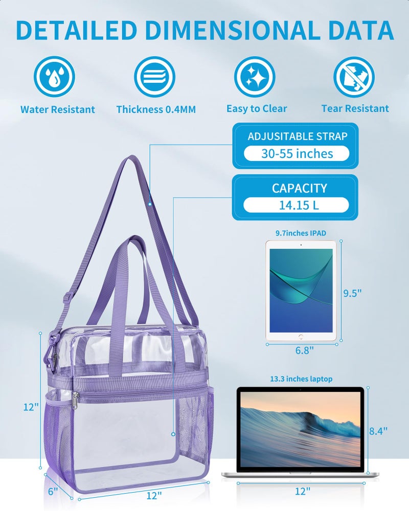 Paxiland Clear Bag for Stadium Events 12x6x12, Large Clear Tote Lunch Bag Stadium Approved with Reinforced Shoulder Straps for Concert Outfits and Festival, Transparent Handbag for Men - Purple - Image 3