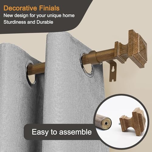 QITERI Wood Curtain Rods for Windows 32 to 88 Inch, 1 Inch Diameter Wood Decorative Treatment Single Window Curtain Rods - Square Imitation Wood Grain Finial 1 Pack - Image 3