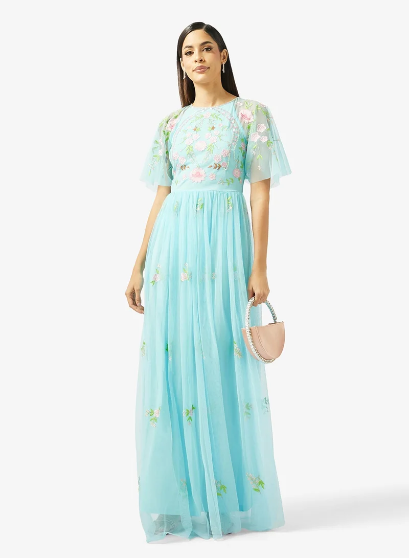 Embellished Mesh Short Sleeve Maxi Dress