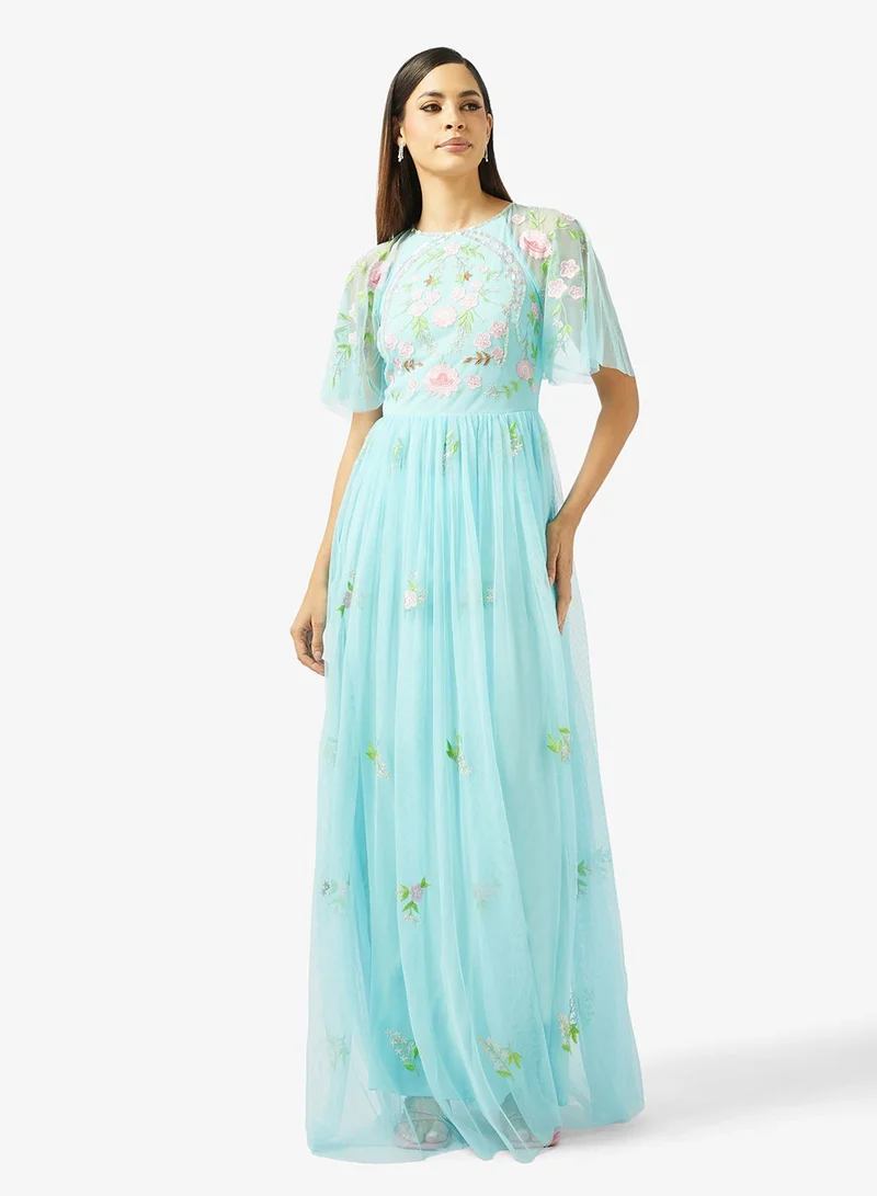 Frock And Frill  Embellished Mesh Short Sleeve Maxi Dress for Women | Best Price UAE