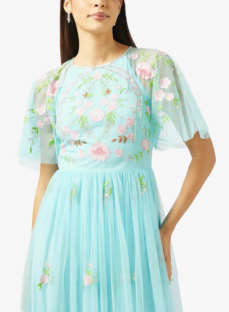 Frock And Frill  Embellished Mesh Short Sleeve Maxi Dress for Women | Best Price UAE