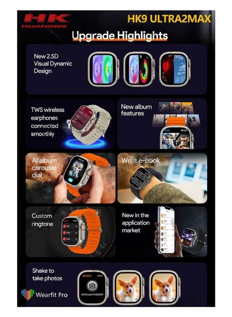 2024 HK9 Ultra 2 MAX AMOLED  Smart Watch OpenAl's New ChatGPT Wearfit GPT 2.0 Application Market Live Photo Preview TWS Wireless Headphones Local Album Wrist Ebook 3D Visual Action With 2 Extra Strap