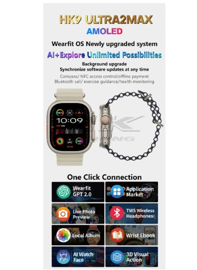 2024 HK9 Ultra 2 MAX AMOLED  Smart Watch OpenAl's New ChatGPT Wearfit GPT 2.0 Application Market Live Photo Preview TWS Wireless Headphones Local Album Wrist Ebook 3D Visual Action With 2 Extra Strap