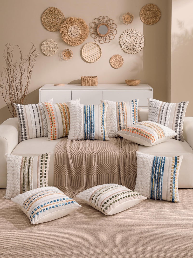 KOOLIFE Boho Chenille Tufted Couch Throw Pillow Covers 18x18 Inch Set of 2 Farmhouse Striped Decorative Pillow Covers Accent Neutral Pillowcase Caramel Brown Blue Cushion Cover for Livingroom Sofa Bed - Image 3
