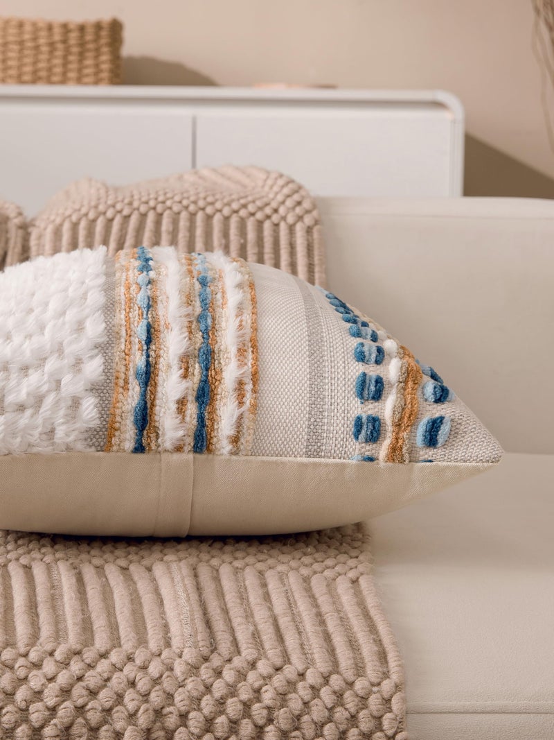 KOOLIFE Boho Chenille Tufted Couch Throw Pillow Covers 18x18 Inch Set of 2 Farmhouse Striped Decorative Pillow Covers Accent Neutral Pillowcase Caramel Brown Blue Cushion Cover for Livingroom Sofa Bed - Image 4