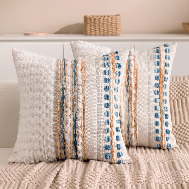 KOOLIFE Boho Chenille Tufted Couch Throw Pillow Covers 18x18 Inch Set of 2 Farmhouse Striped Decorative Pillow Covers Accent Neutral Pillowcase Caramel Brown Blue Cushion Cover for Livingroom Sofa Bed - Image 1