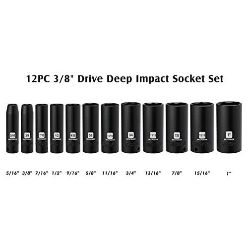 MIXPOWER 12 Pieces 3/8-Inch Drive Deep Impact Socket Set, 5/16 to 1 inch, CR-V, SAE, 6 Point, Deep, 12 Pieces 3/8" Dr. Socket - Image 3