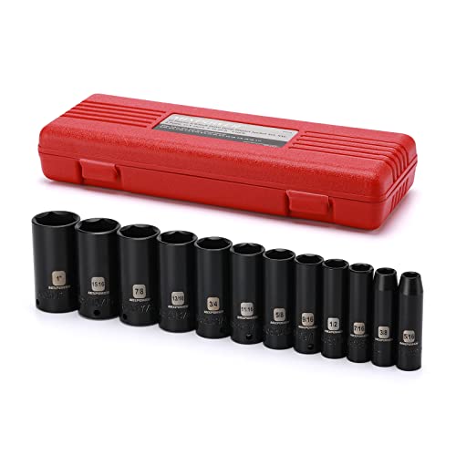 MIXPOWER 12 Pieces 3/8-Inch Drive Deep Impact Socket Set, 5/16 to 1 inch, CR-V, SAE, 6 Point, Deep, 12 Pieces 3/8" Dr. Socket - Image 1
