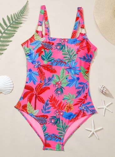 Herseas Women's Metal Ring Wide Straps U Neck One Piece Swimsuit Floral Print Tummy Control Cute Bathing Suit Moderate Coverage Vacation Clothes for Teens Large - Image 4