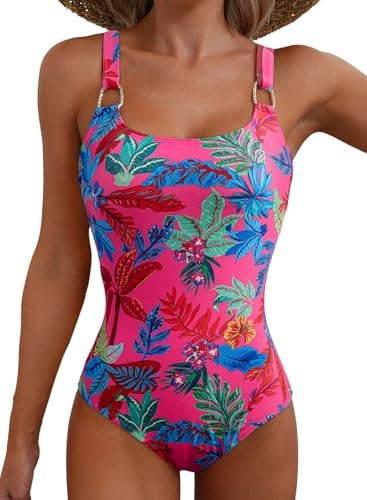 Herseas Women's Metal Ring Wide Straps U Neck One Piece Swimsuit Floral Print Tummy Control Cute Bathing Suit Moderate Coverage Vacation Clothes for Teens Large - Image 1