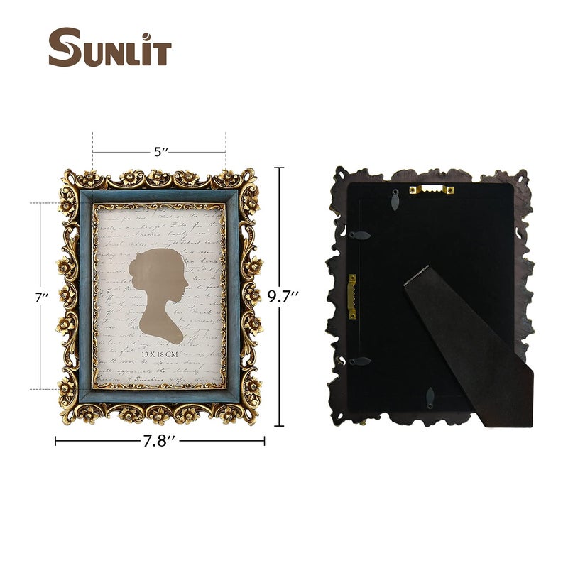 Sunlit Vintage Picture Frame 5x7 Inch  Luxury Antique Photo Frames with Glass Front  Photo Display  Tabletop Wall Hanging  Gift Ideas  Gold and Blue - Image 2