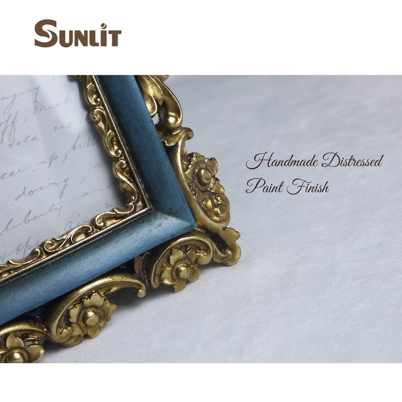 Sunlit Vintage Picture Frame 5x7 Inch  Luxury Antique Photo Frames with Glass Front  Photo Display  Tabletop Wall Hanging  Gift Ideas  Gold and Blue - Image 5