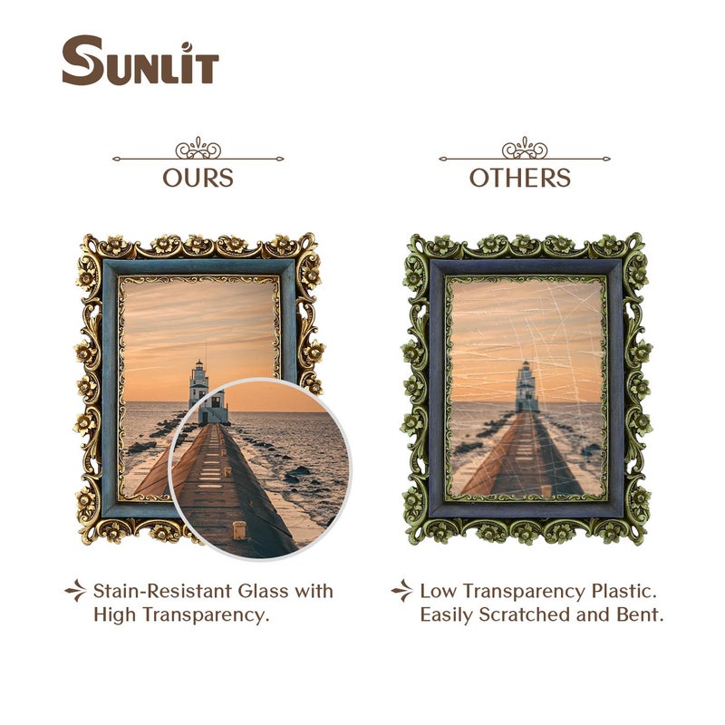 Sunlit Vintage Picture Frame 5x7 Inch  Luxury Antique Photo Frames with Glass Front  Photo Display  Tabletop Wall Hanging  Gift Ideas  Gold and Blue - Image 3