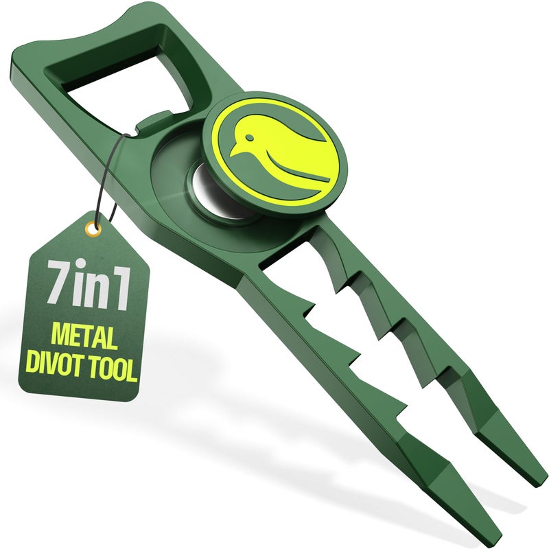 BirdieWorks 7-in-1 Metal Golf Divot Tool with Magnetic Ball Marker - Tee Height Setter, Bottle Opener, Groove Cleaner, Putting Alignment, Club Tee - Durable Green Accessory Gift for Men & Women - Image 1