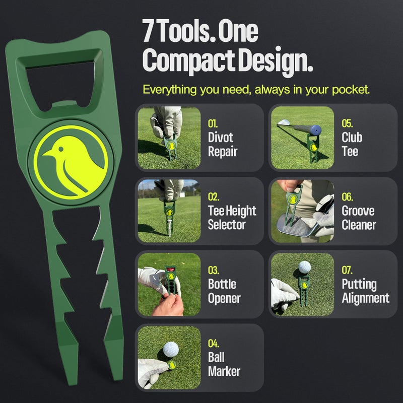 BirdieWorks 7-in-1 Metal Golf Divot Tool with Magnetic Ball Marker - Tee Height Setter, Bottle Opener, Groove Cleaner, Putting Alignment, Club Tee - Durable Green Accessory Gift for Men & Women - Image 2