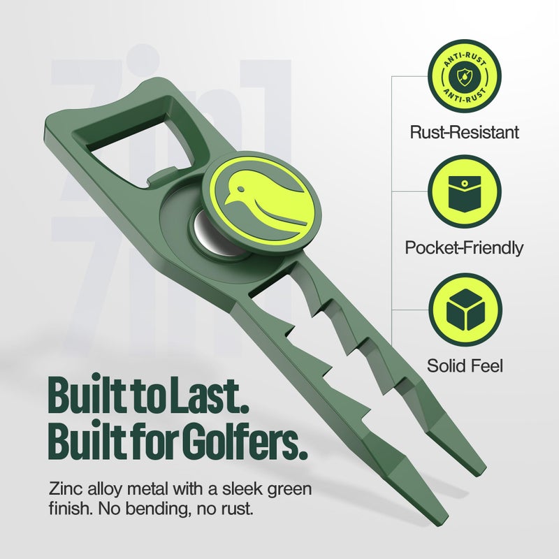 BirdieWorks 7-in-1 Metal Golf Divot Tool with Magnetic Ball Marker - Tee Height Setter, Bottle Opener, Groove Cleaner, Putting Alignment, Club Tee - Durable Green Accessory Gift for Men & Women - Image 5