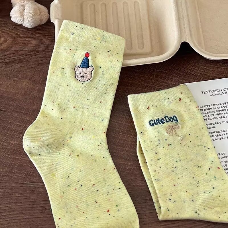 Spring Autumn Cute Embroidery Animal Bow Crew Socks Cartoon Schoolgirl Trend Light gray  - Image 5