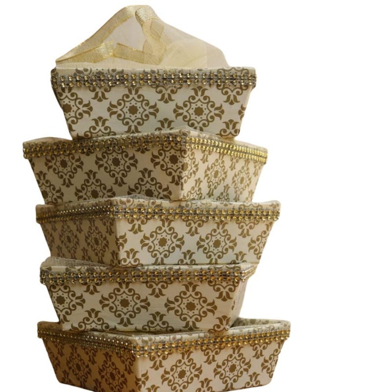 SCISSORS CRAFT Printed Hardboard Gift Hamper with Golden Net Pack of 5 6x6x2 - Image 1