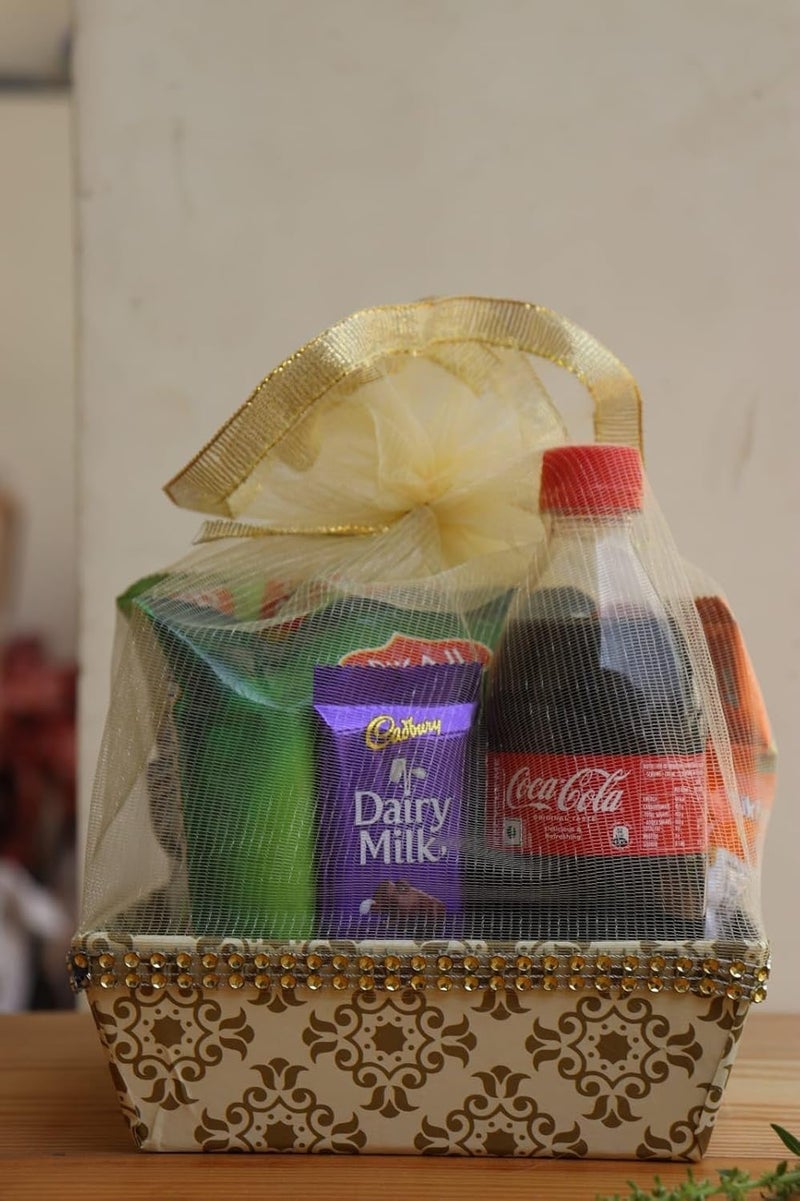 SCISSORS CRAFT Printed Hardboard Gift Hamper with Golden Net Pack of 5 6x6x2 - Image 3