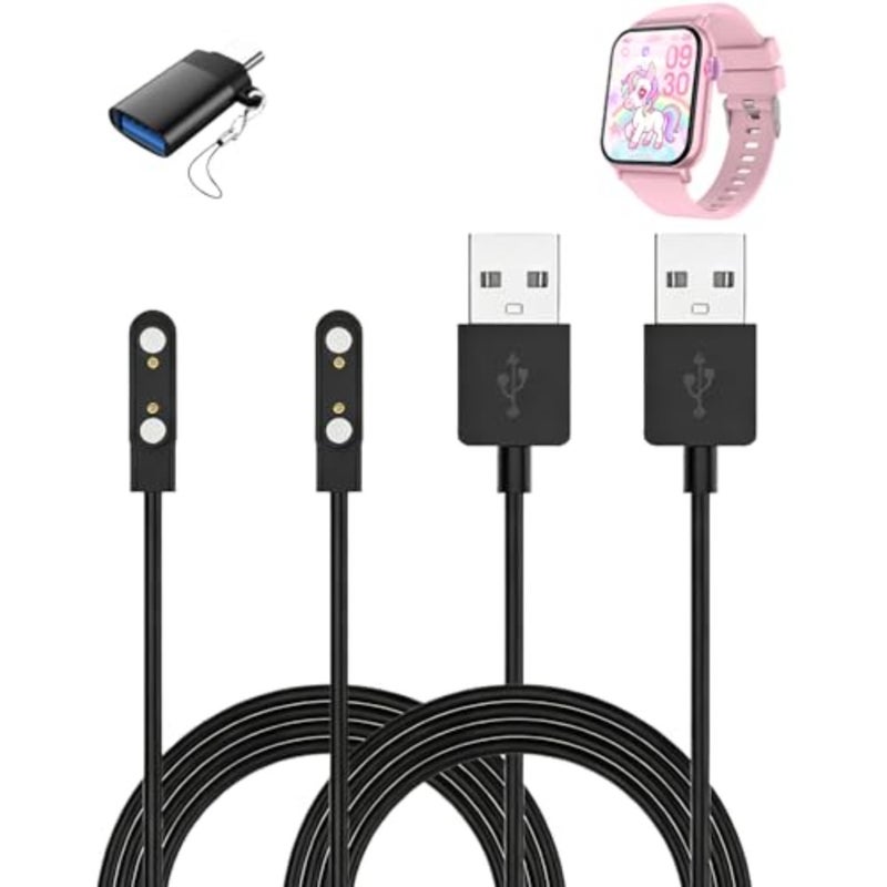2Pcs Charger Cable for ganopterygon TK09 1.83inch Smartwatch Durable Black Charging Cord with Protective Design, Includes USB-C Adapter for Convenient Power Connection - Image 1