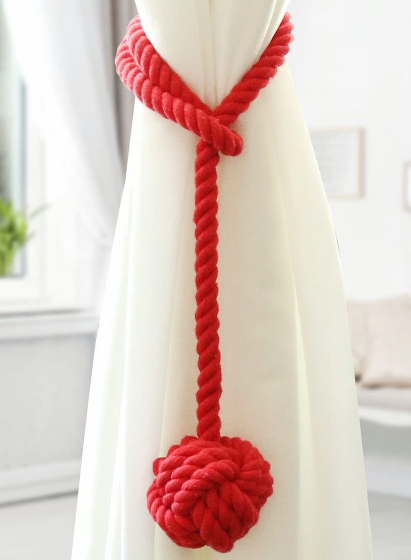 Curtain Tiebacks with Big Woven Ball, Outdoor Curtain Tiebacks, Cotton Hand Woven Decorative Tie Backs for Drapes (Red, 2 PCS) - Image 2