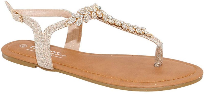 TRENDSUP COLLECTION Womens TStrap Buckle Flats Sandals 85 Champagne Glitter