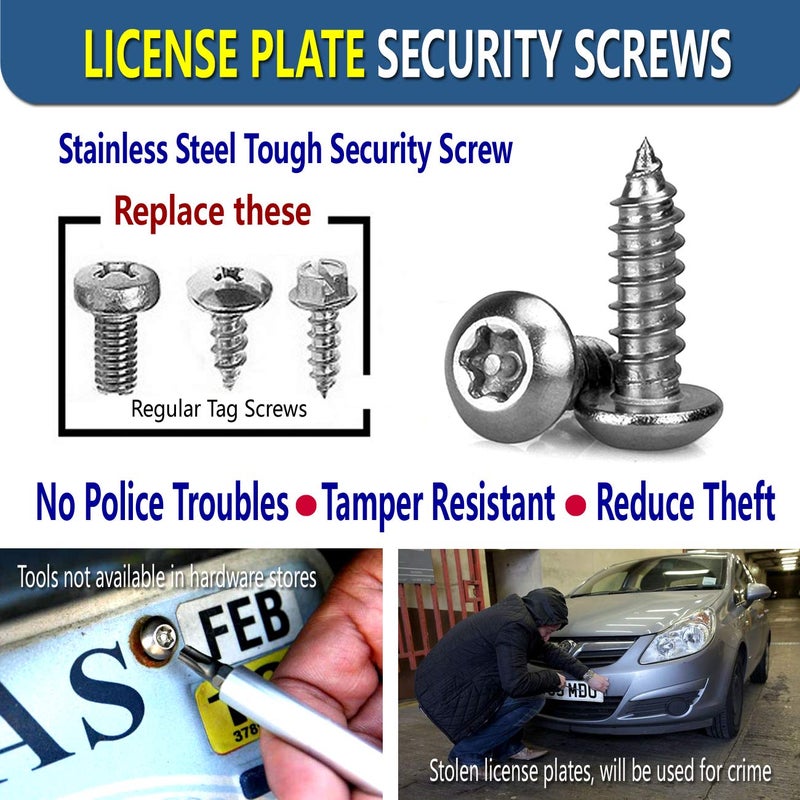 ZXFOOG Stainless Steel License Plate Screws- Rustproof Plate Screws for Fastening Front or Rear Plate Frame Holder, License Plate Security Screw with Black Caps (Anti-Theft Self Tapping Screws) - Image 3
