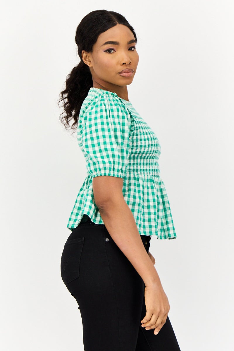 ONLY بلوزة نسائية بياقة دائرية وأكمام قصيرة، مربعات، متعددة الألوان - Image 3