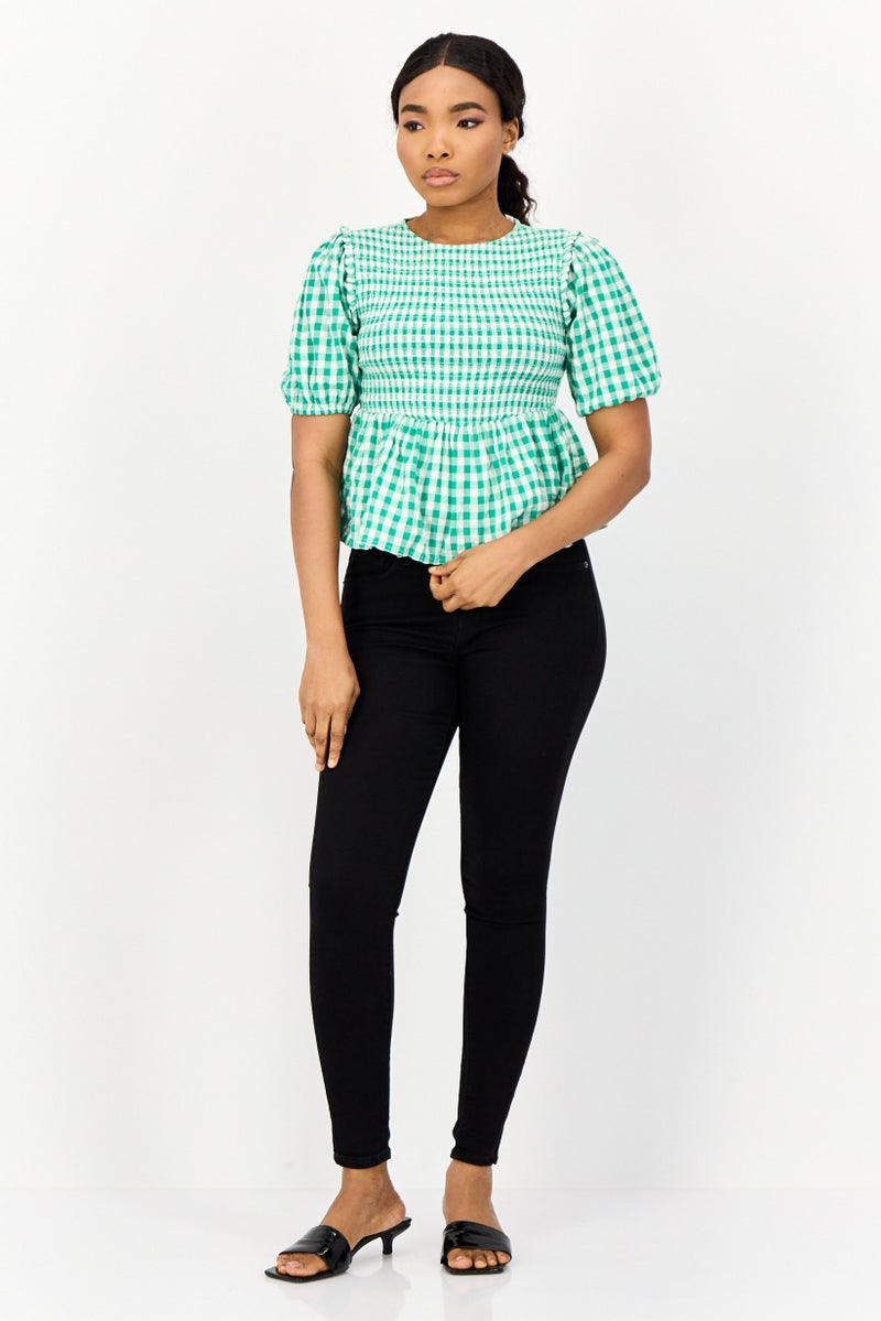 ONLY بلوزة نسائية بياقة دائرية وأكمام قصيرة، مربعات، متعددة الألوان - Image 2