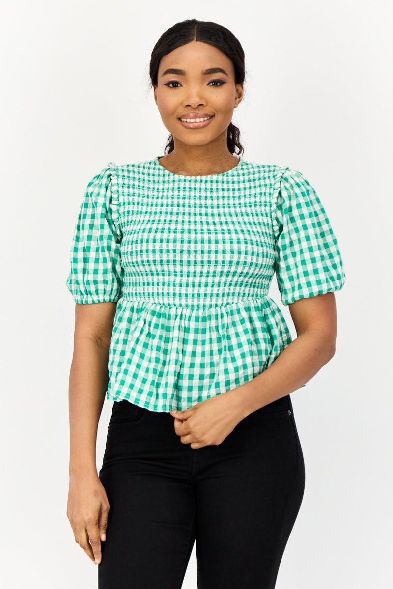 ONLY بلوزة نسائية بياقة دائرية وأكمام قصيرة، مربعات، متعددة الألوان - Image 1