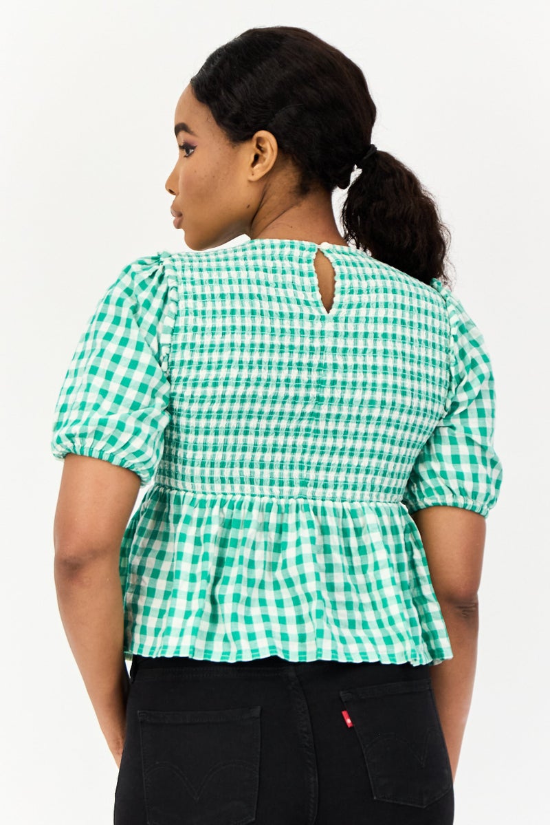 ONLY بلوزة نسائية بياقة دائرية وأكمام قصيرة، مربعات، متعددة الألوان - Image 4