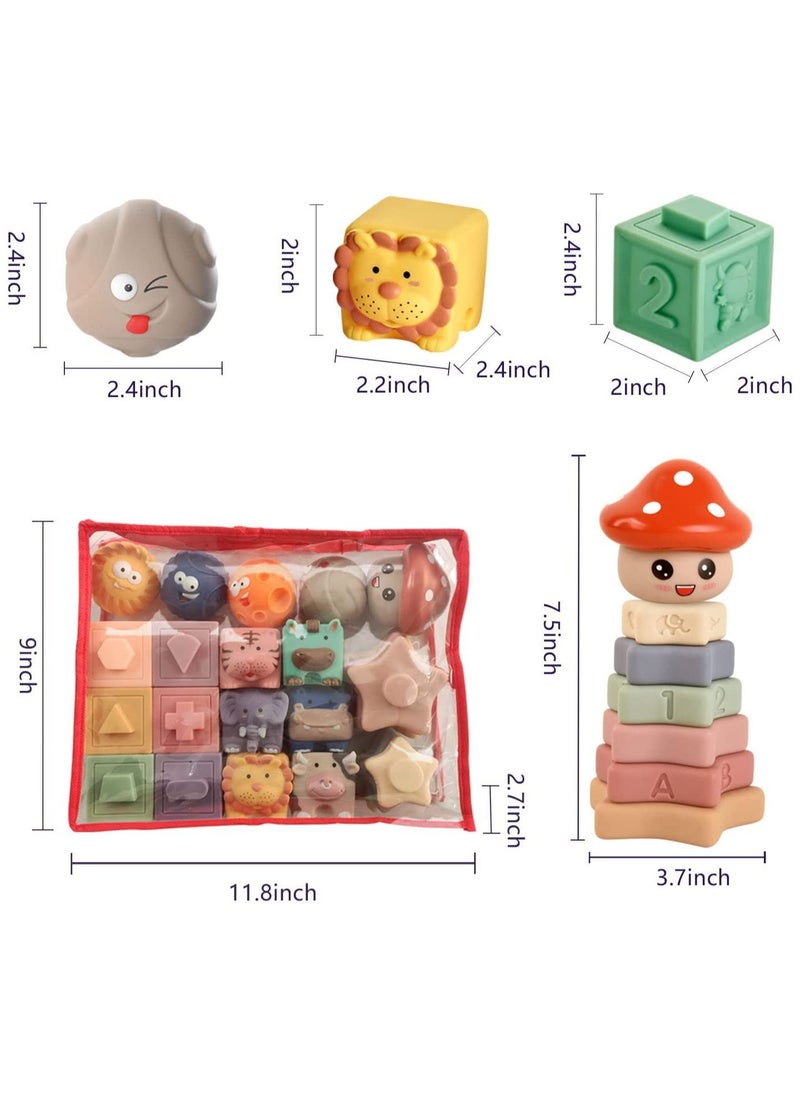 Mr. Penda - 23 PCS 3-in-1 Montessori Toys for Babies 6+ Months, Soft Baby Teething Toys, Stacking Building Blocks for Infants, Sensory Developmental Education Toys for Toddler Baby 6+ Months - Image 1