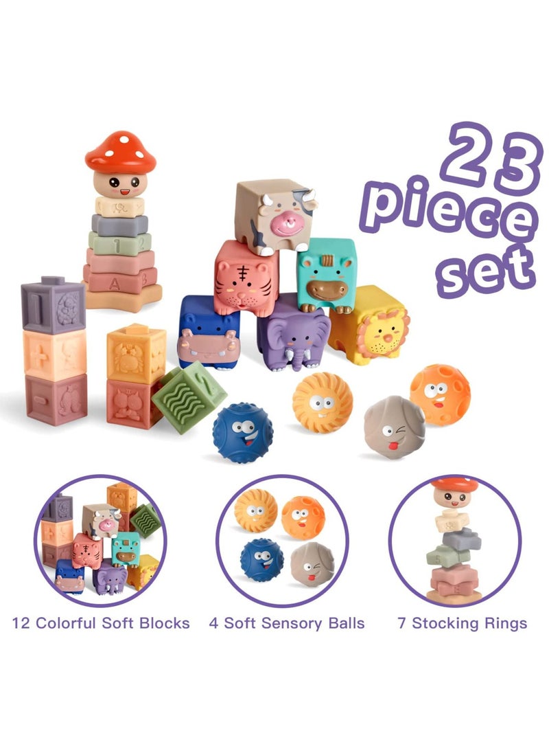 Mr. Penda - 23 PCS 3-in-1 Montessori Toys for Babies 6+ Months, Soft Baby Teething Toys, Stacking Building Blocks for Infants, Sensory Developmental Education Toys for Toddler Baby 6+ Months - Image 1