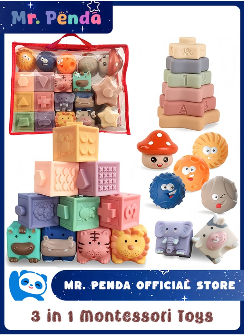 Mr. Penda - 23 PCS 3-in-1 Montessori Toys for Babies 6+ Months, Soft Baby Teething Toys, Stacking Building Blocks for Infants, Sensory Developmental Education Toys for Toddler Baby 6+ Months - Image 1