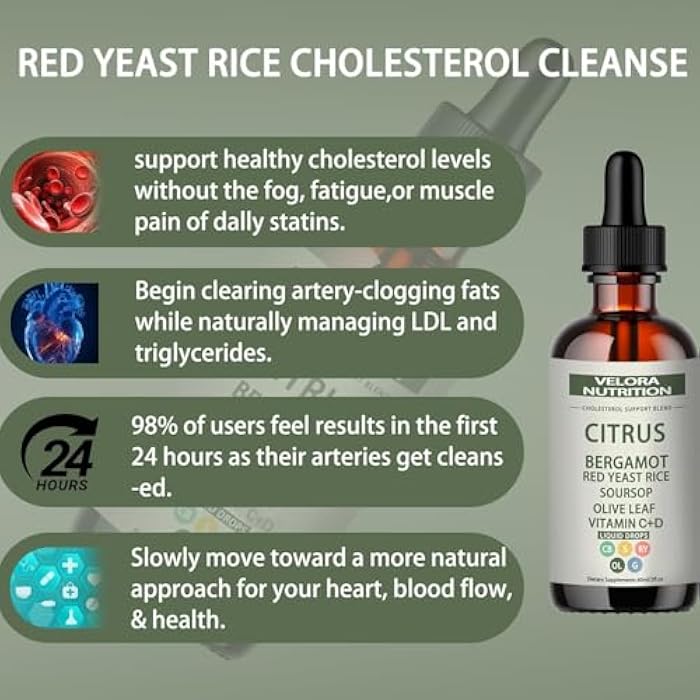 velora Red Yeast Rice Cholesterol Cleans Drops with Citrus, Bergamot, Red Yeast Rice, Soursop, Olive Leaf, Vitamin C+D, Natural, Non-GMO, Vegan 2 fl oz (1pc) - Image 3