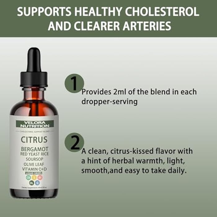 velora Red Yeast Rice Cholesterol Cleans Drops with Citrus, Bergamot, Red Yeast Rice, Soursop, Olive Leaf, Vitamin C+D, Natural, Non-GMO, Vegan 2 fl oz (1pc) - Image 5