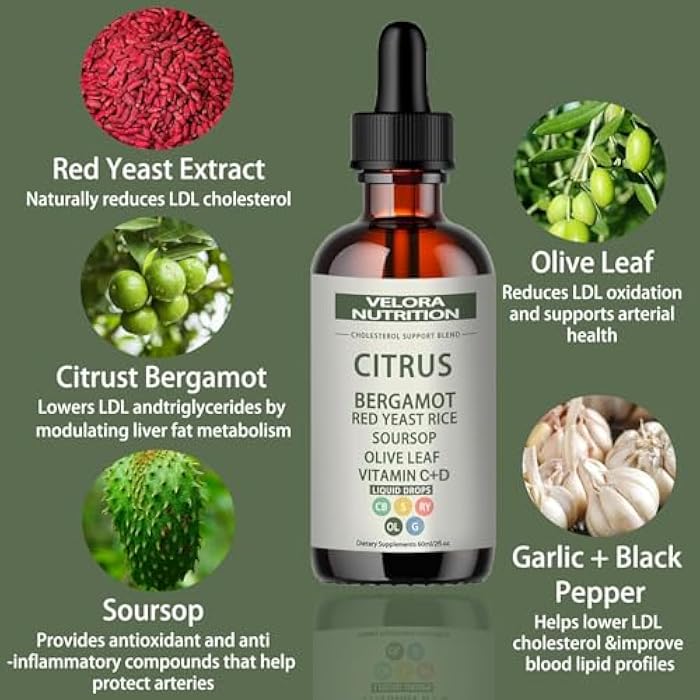 velora Red Yeast Rice Cholesterol Cleans Drops with Citrus, Bergamot, Red Yeast Rice, Soursop, Olive Leaf, Vitamin C+D, Natural, Non-GMO, Vegan 2 fl oz (1pc) - Image 2