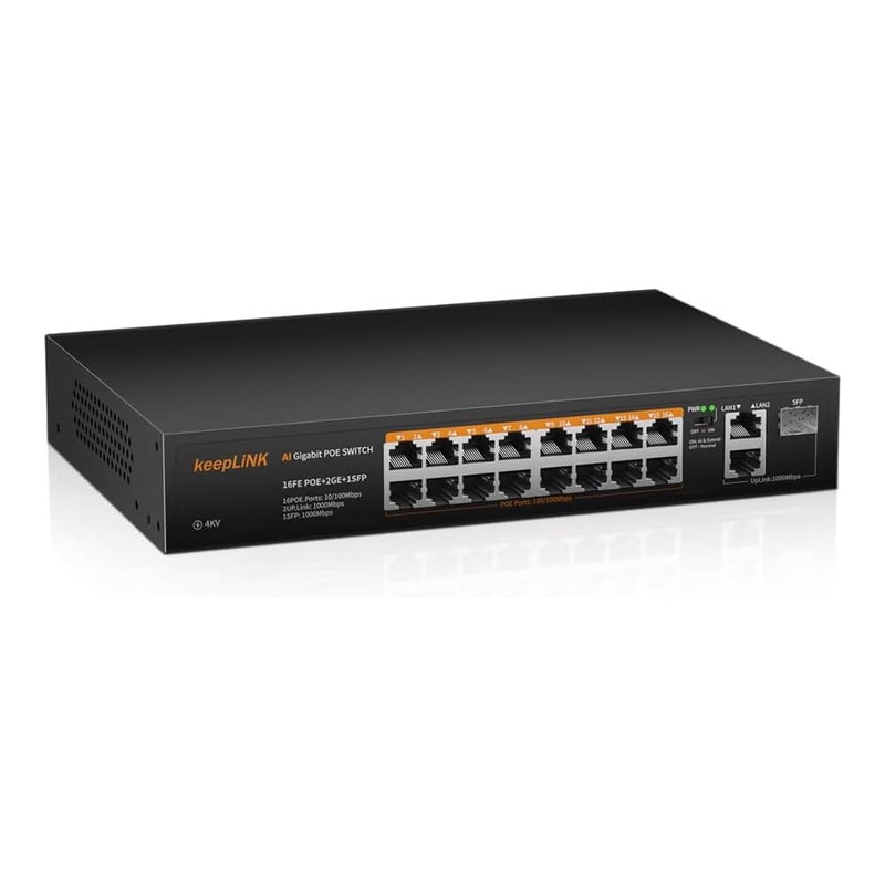 keepLiNK 18 Port PoE Switch, 16 Ports 100Mbps PoE+, 2 Ports 1000Mbps Uplink, 1 1000Mbps SFP Slot, 240W Built-in Power IEEE802.3af/at, Fanless Metal Unmanaged Plug & Play - Image 1