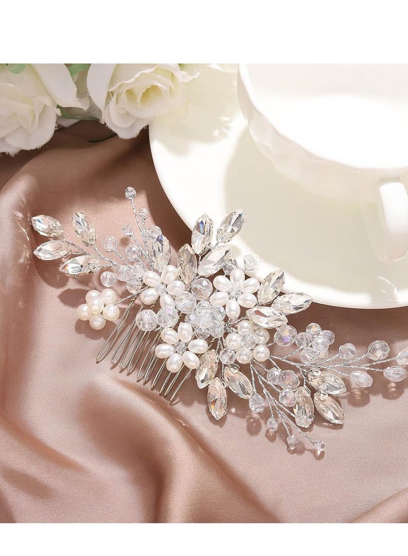 JAKAWIN JAKAWIN Bride Wedding Hair Comb Pearl Flower Hair Piece Rhinestone Bridal Hair Accessories for Women HC034 (Silver)  - Image 1